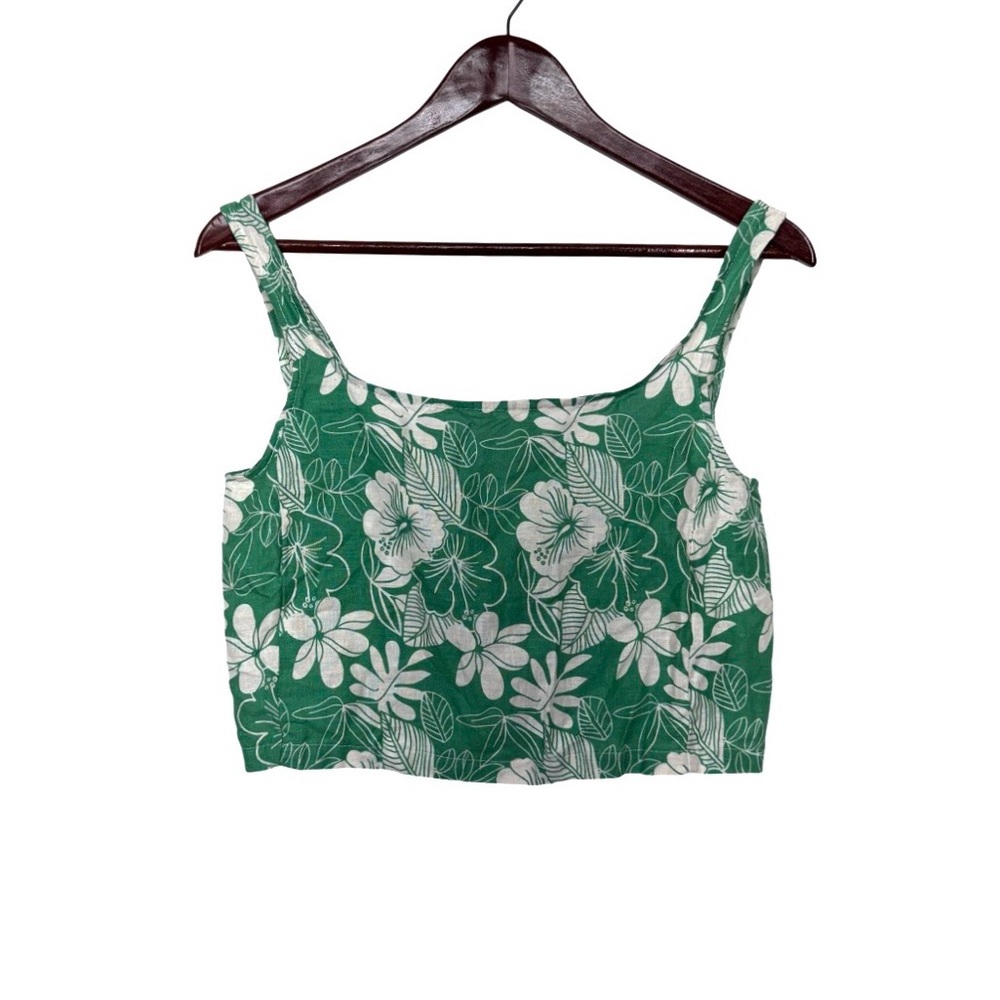 C&C California Linen Blend Green & White Tropical Print Crop Top Tank Size XS